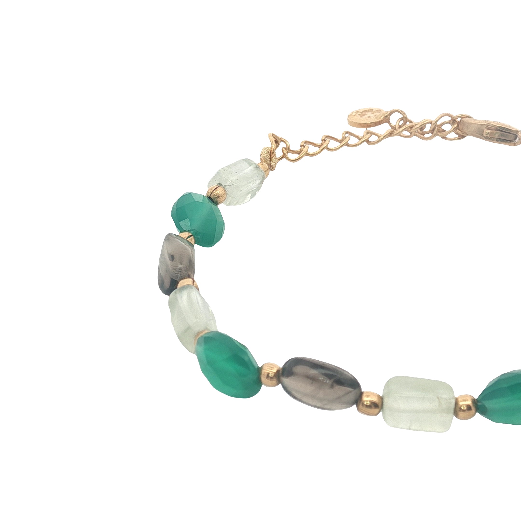 Bracelet doré en quartz fumé, prehnite, onyx verte et boules dorées