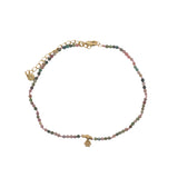 Chaine de cheville dorée multi tourmaline, pampille fleur et perles dorées
