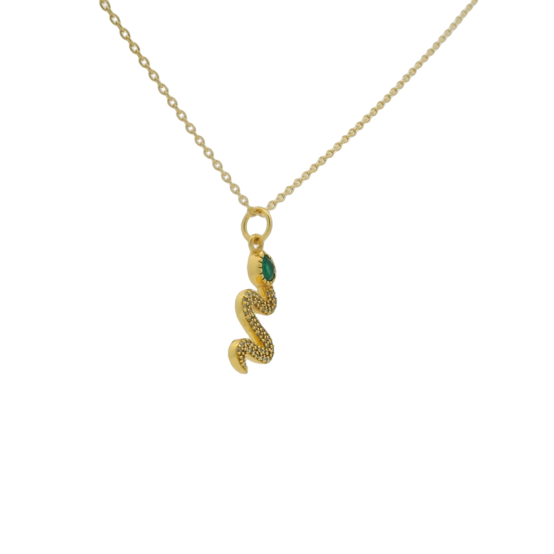 Gold necklace with snake pendant, stone and zircons