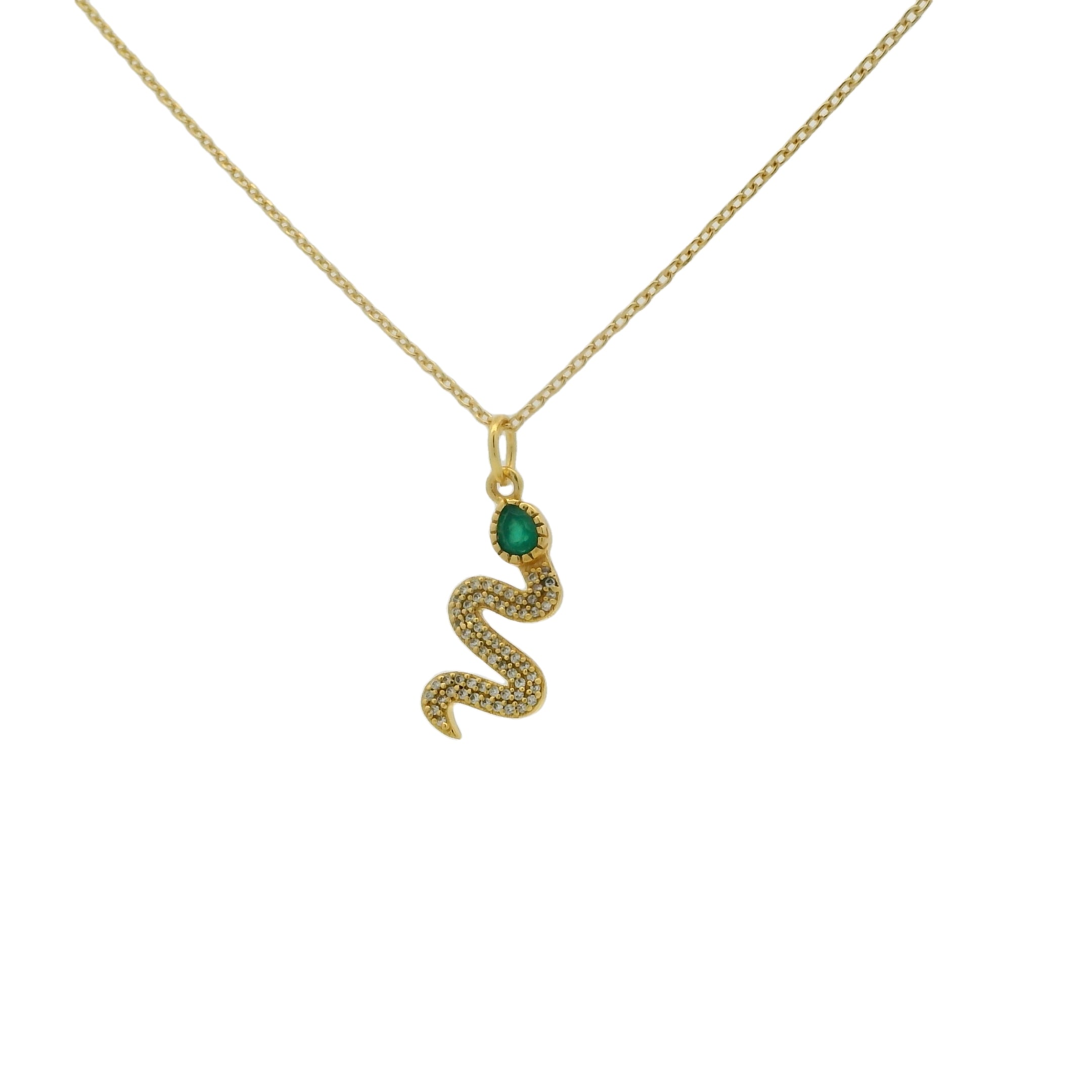 Gold necklace with snake pendant, stone and zircons