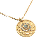 Gold necklace with labradorite flower medal and zircons
