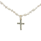 Collier doré croix en zircons petites perles de culture 42 cm