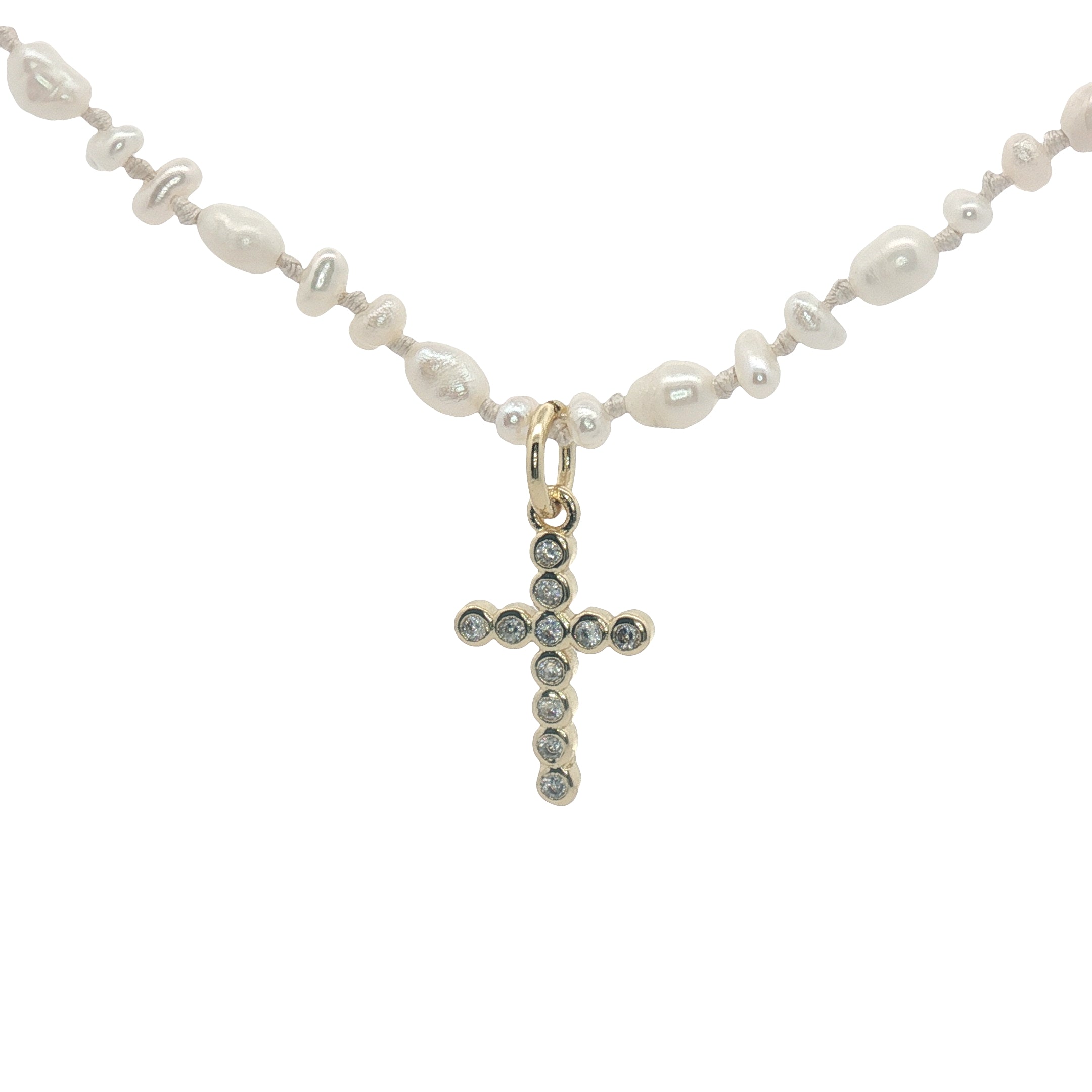 Collier doré croix en zircons petites perles de culture 42 cm