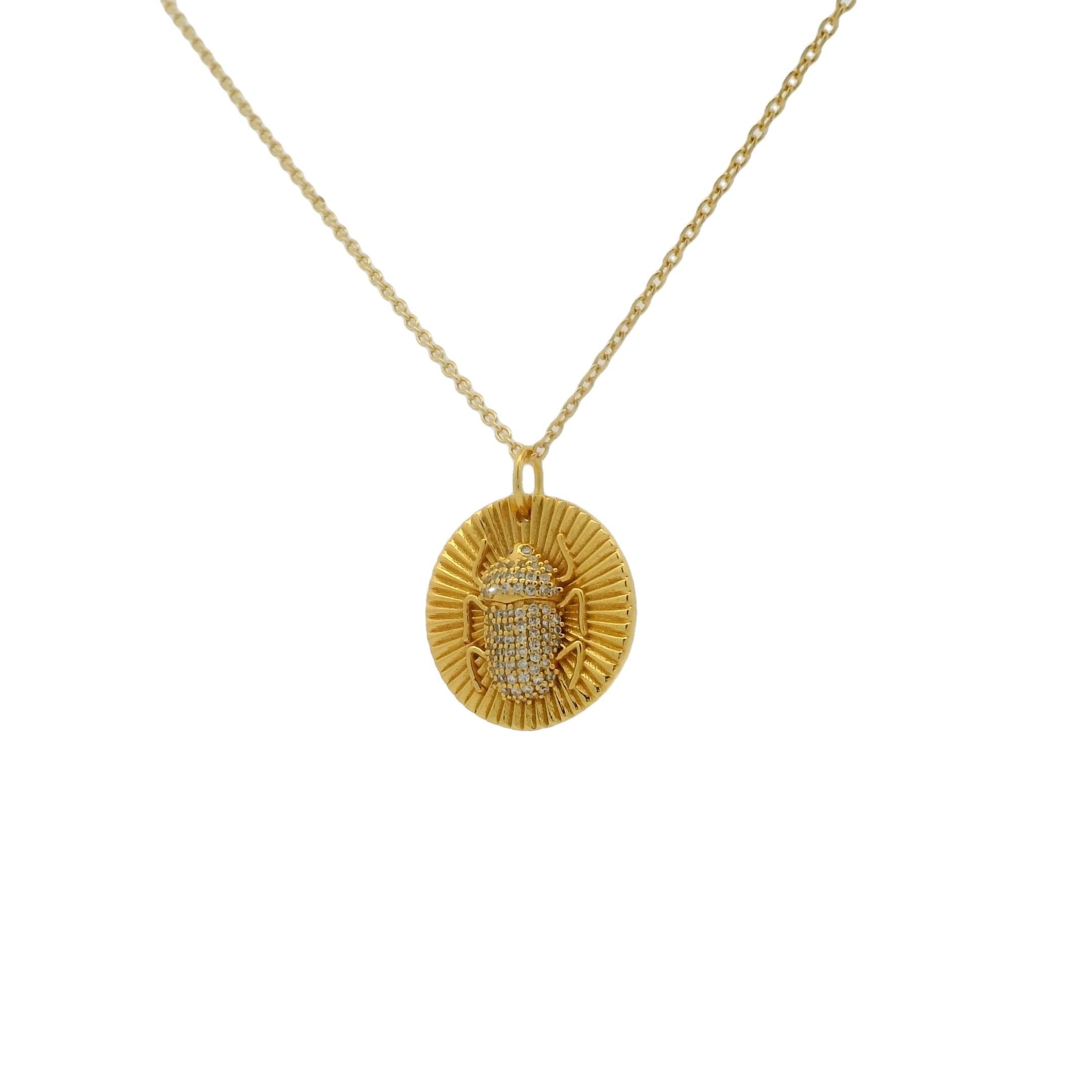 Collier doré médaille scarabée zircons 42 cm