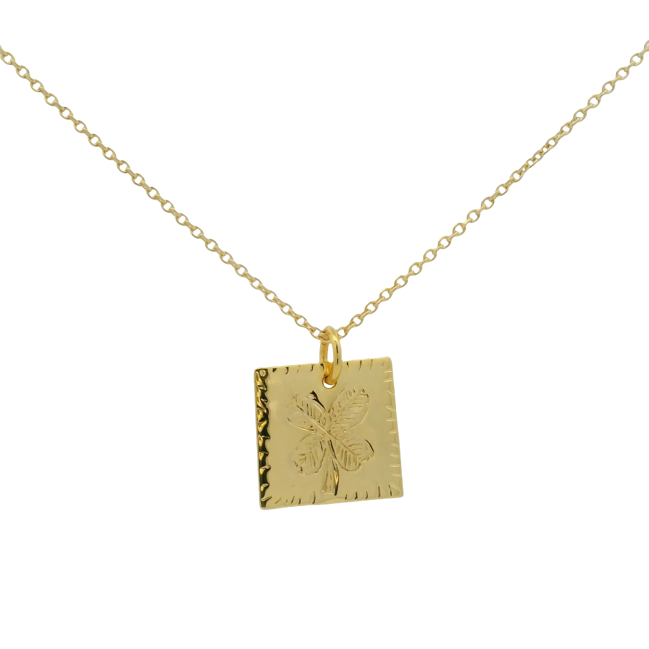 Collier doré plaque carrée "bonne chance" et trèfle 42 cm