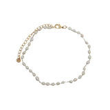 Chaine de cheville dorée perles de culture, prehnite et noeuds blancs