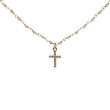 Collier doré croix zircons, chaine rosary pierre de lune et labradorite 50 cm