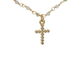 Collier doré croix zircons, chaine rosary pierre de lune et labradorite 50 cm