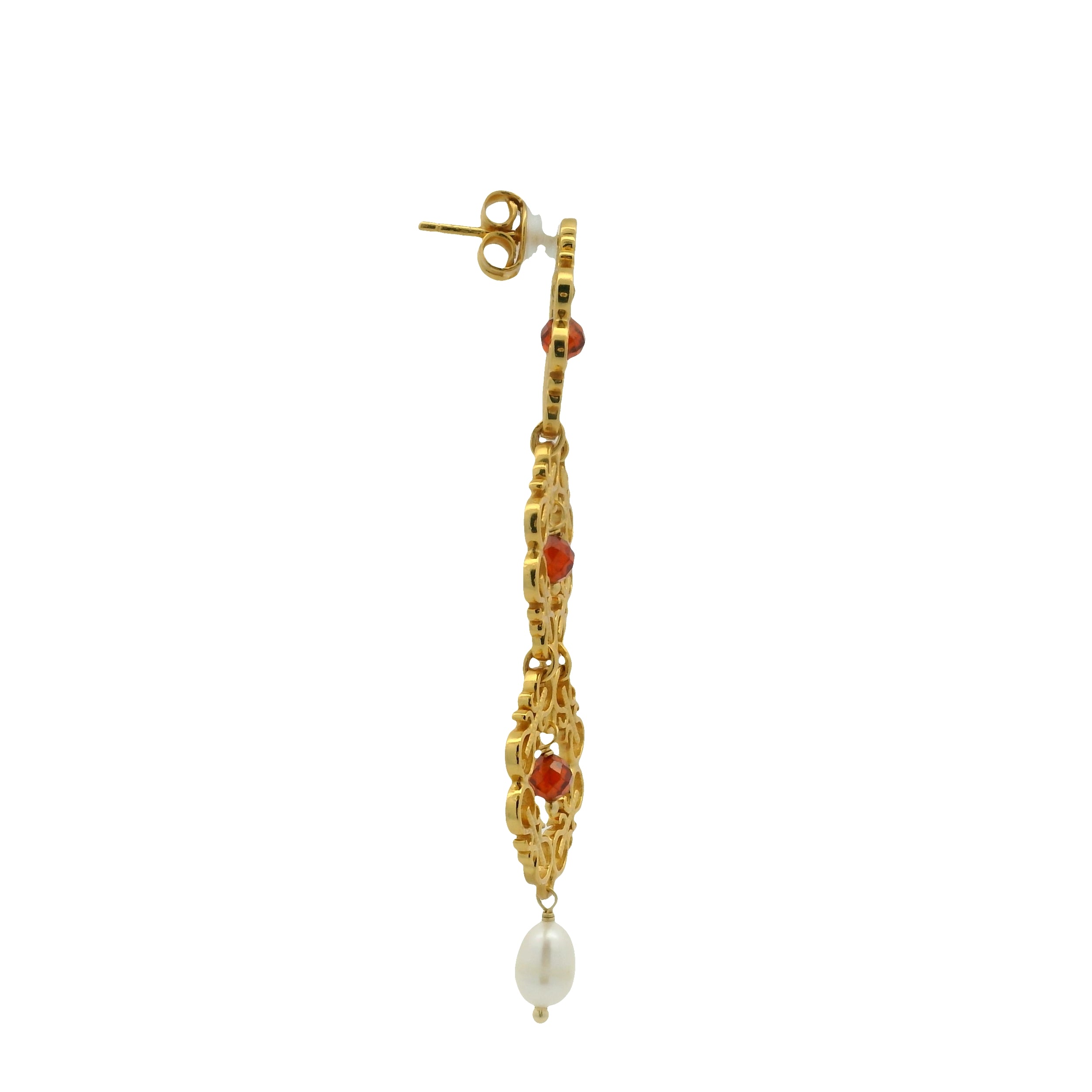 Boucles d'oreilles dorées dentelées onyx rouge et perles