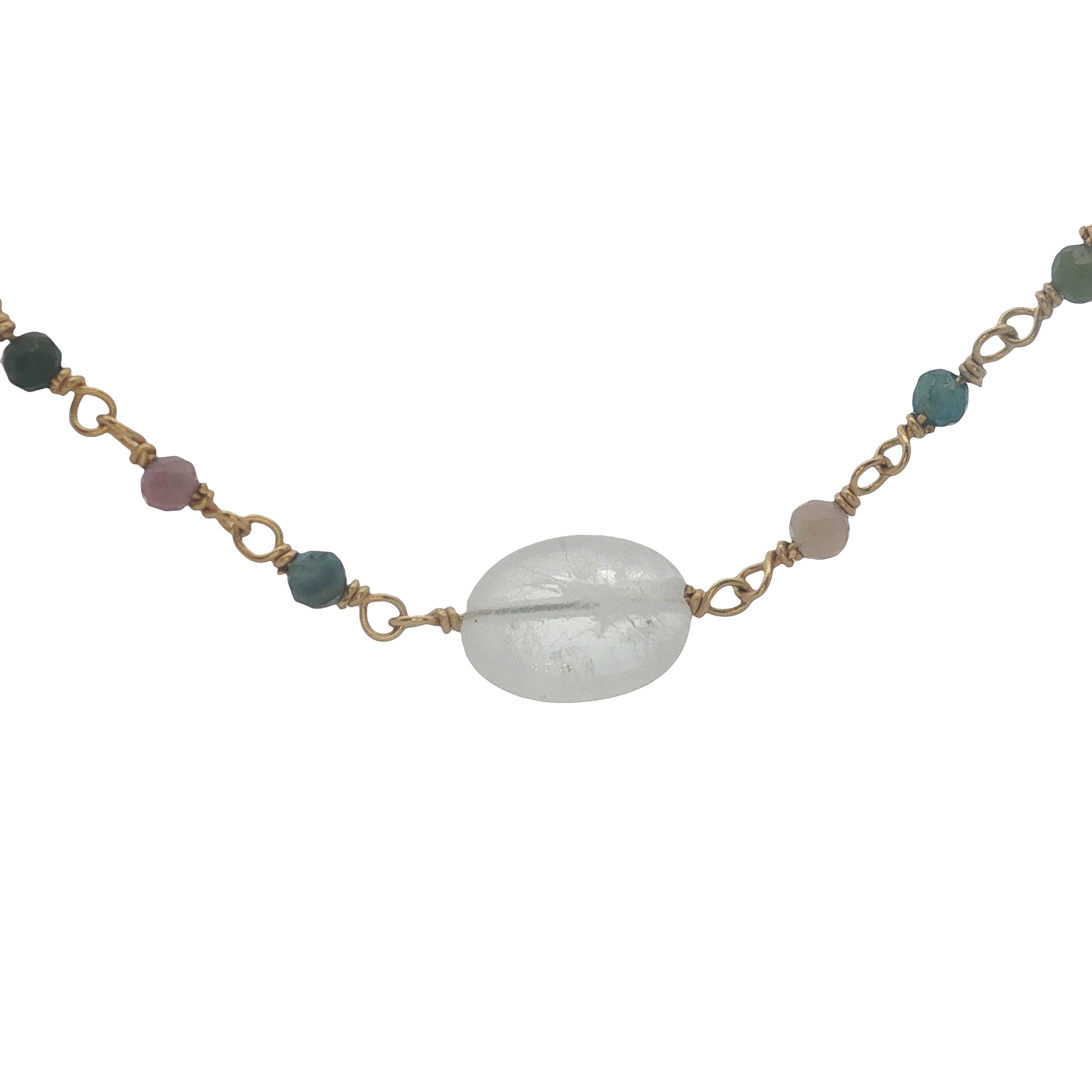 Collier doré chaine rosary en tourmaline avec pierre de lune au centre 42 cm