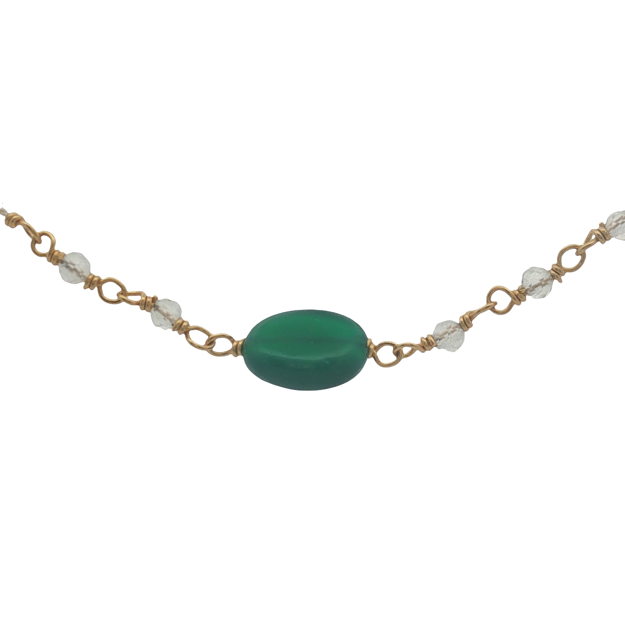 Collier doré chaine rosary en prehnite avec onyx verte au centre 42 cm