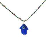 Collier doré perles multicolores main de Fatma bleu 60 cm