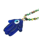 Collier doré perles multicolores main de Fatma bleu 60 cm