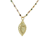 Collier rosary doré tourmaline et coeur 60cm