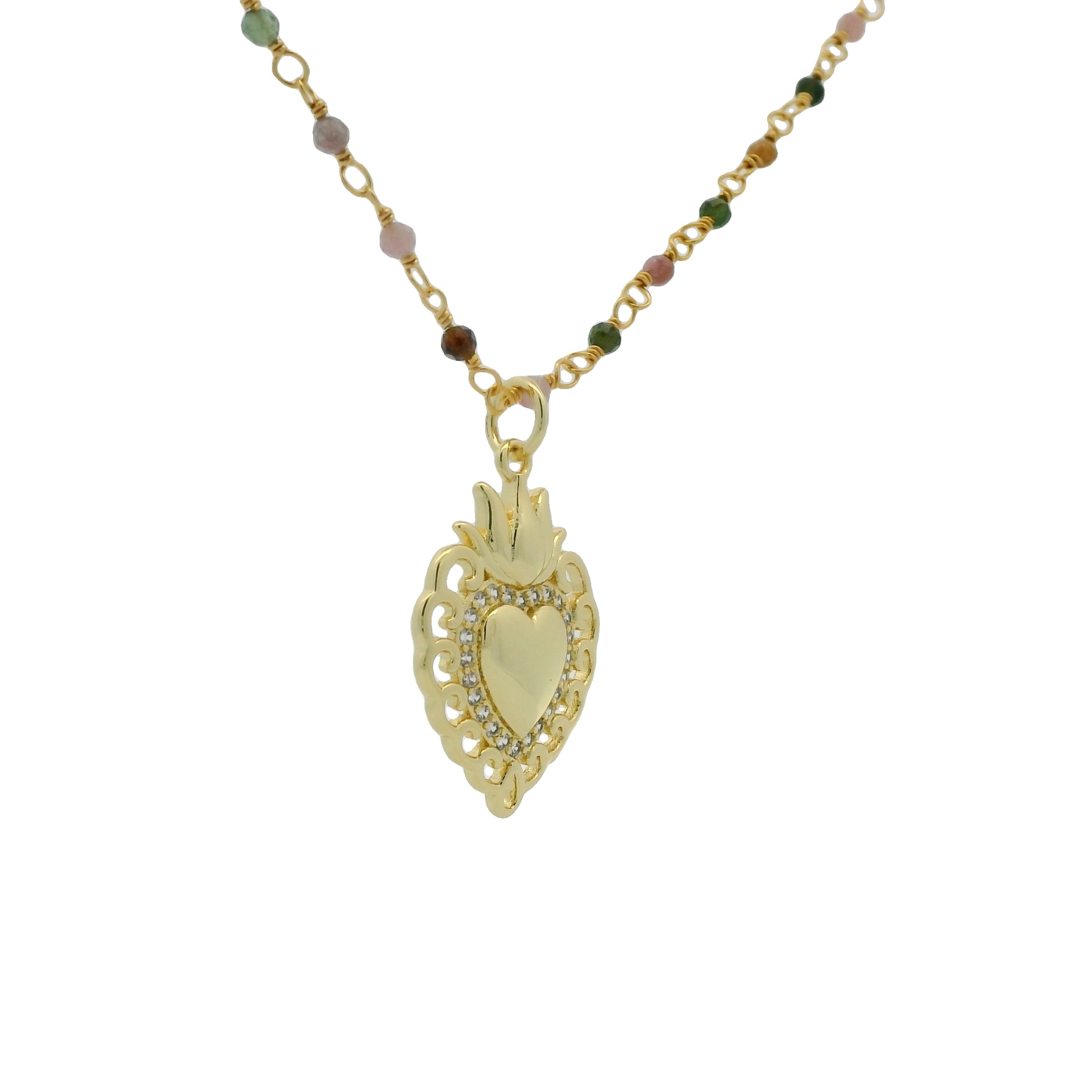 Collier rosary doré tourmaline et coeur 60cm