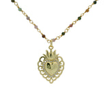 Collier rosary doré tourmaline et coeur 60cm