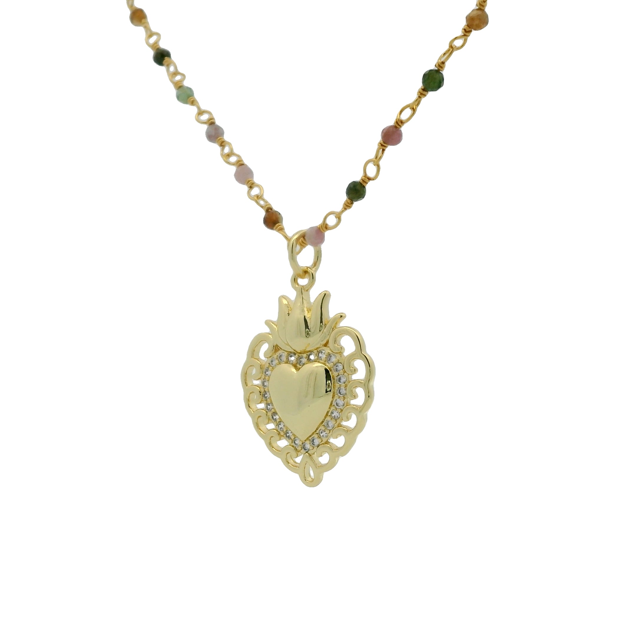 Collier rosary doré tourmaline et coeur 60cm
