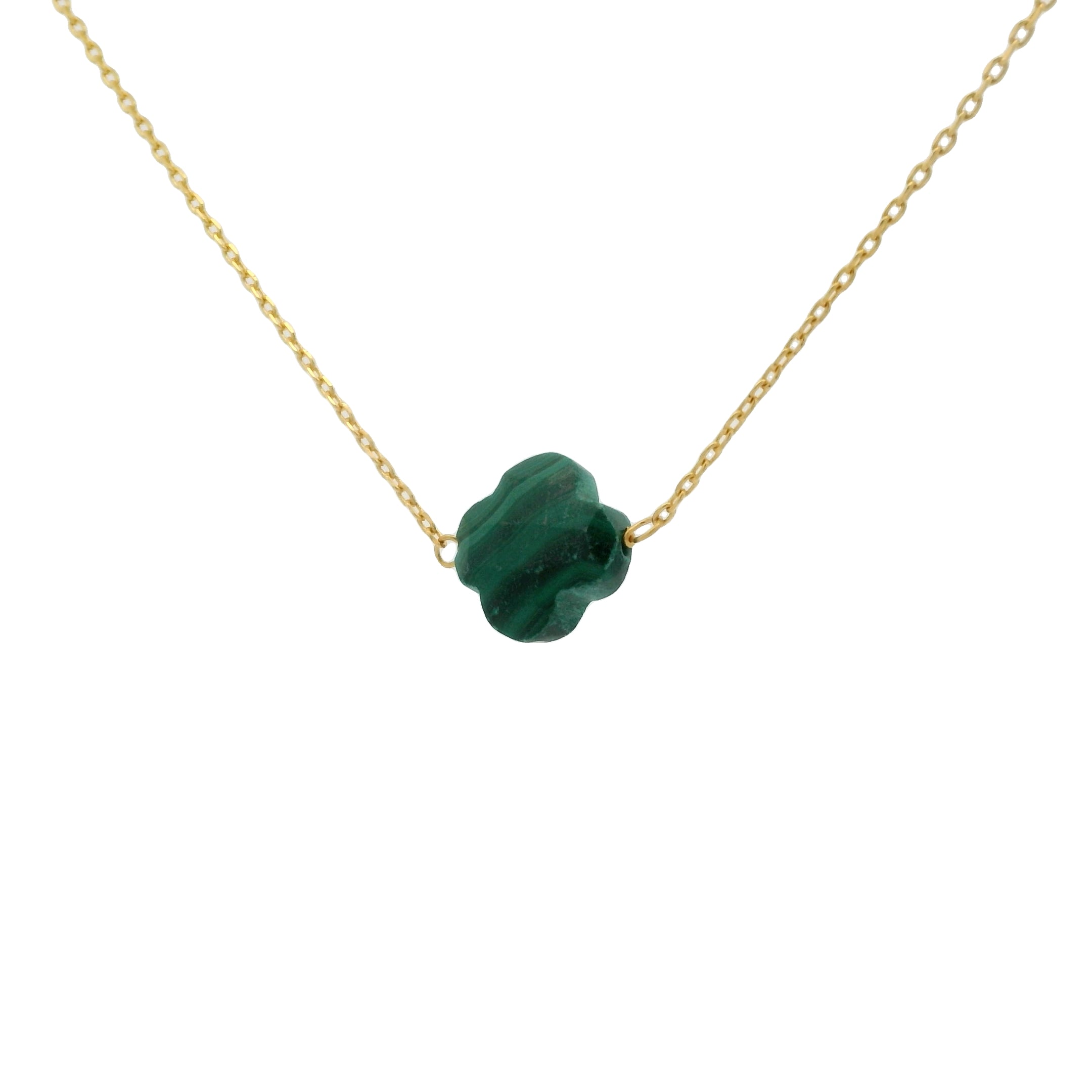Collier doré Trèfle en pierre de Malachite facettée 40 cm