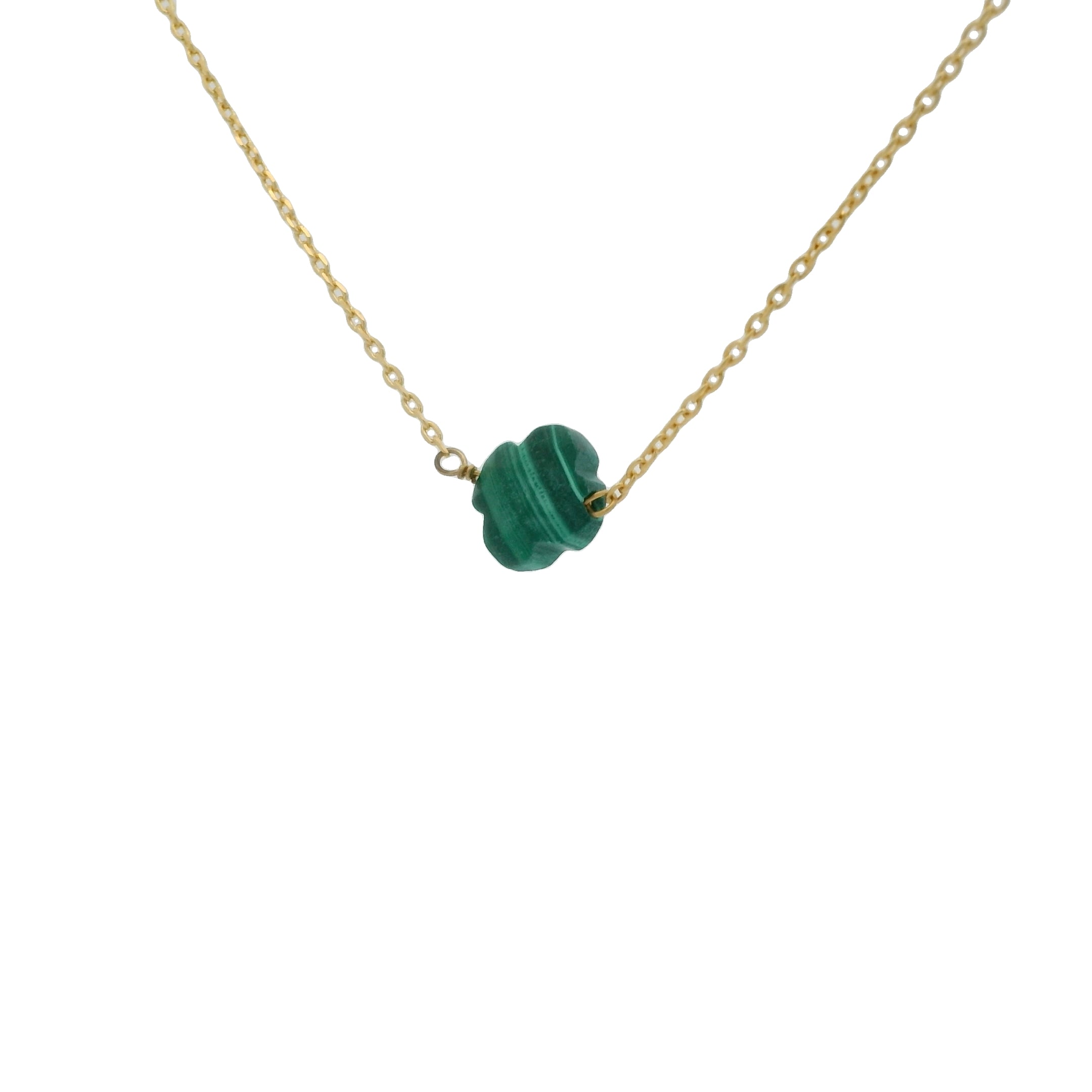Collier doré petit trèfle en malachite facettée 40 cm