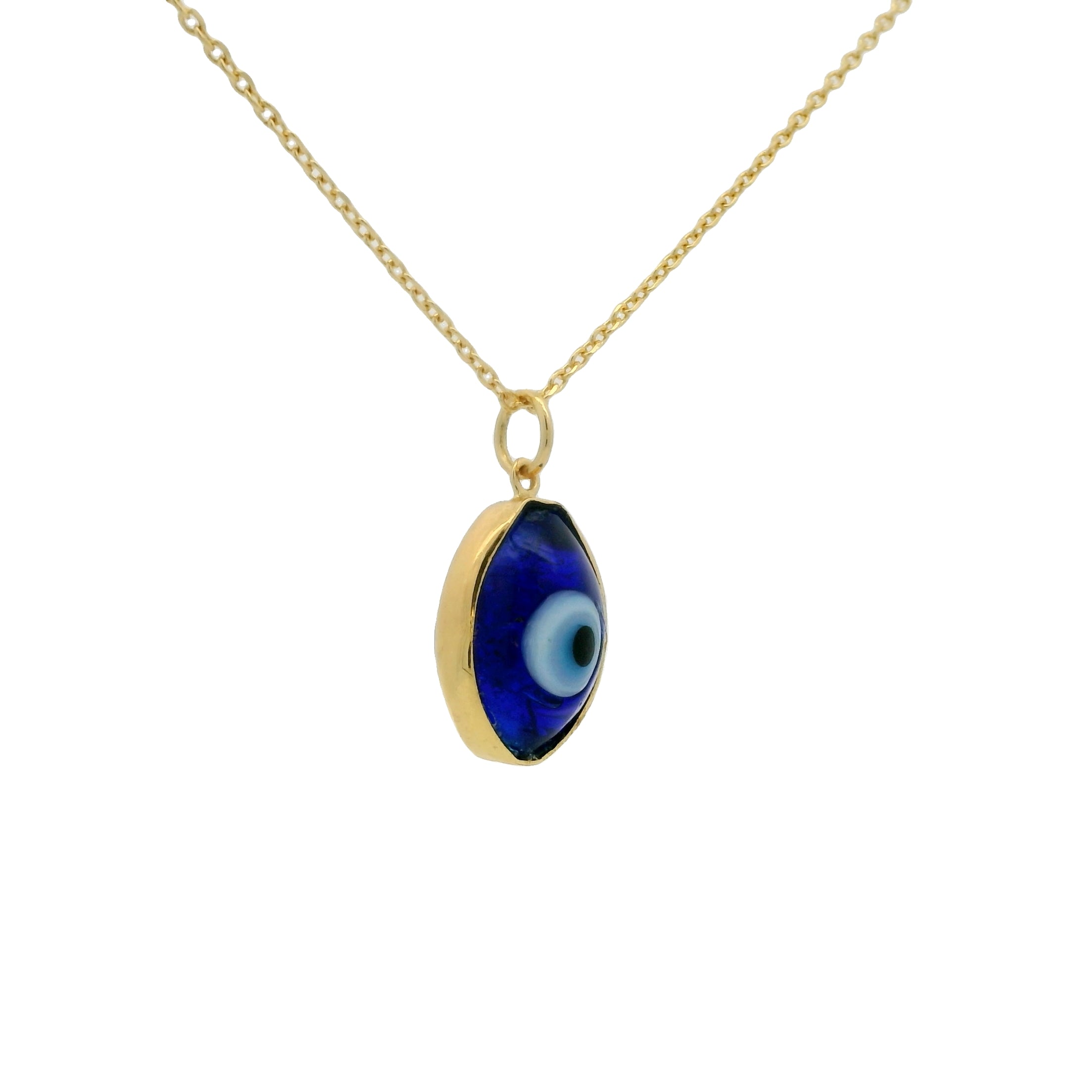 Collier doré oeil oval bleu en verre soufflé 42 cm