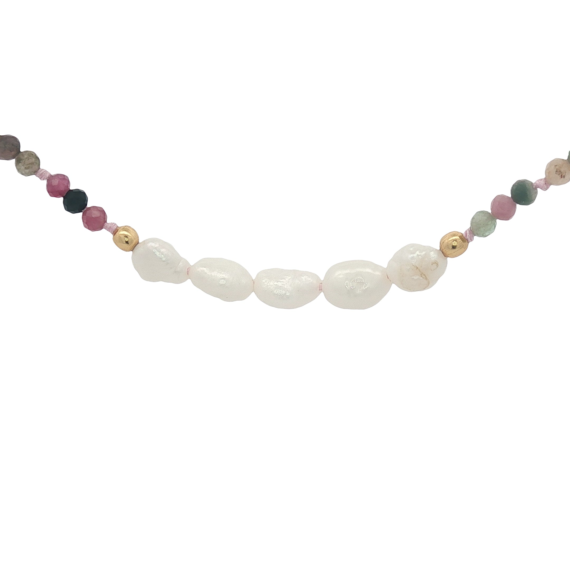 Collier doré en tourmaline, 5 perles de culture et perles dorées 42 cm