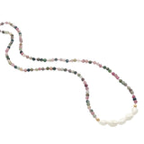 Collier doré en tourmaline, 5 perles de culture et perles dorées 42 cm