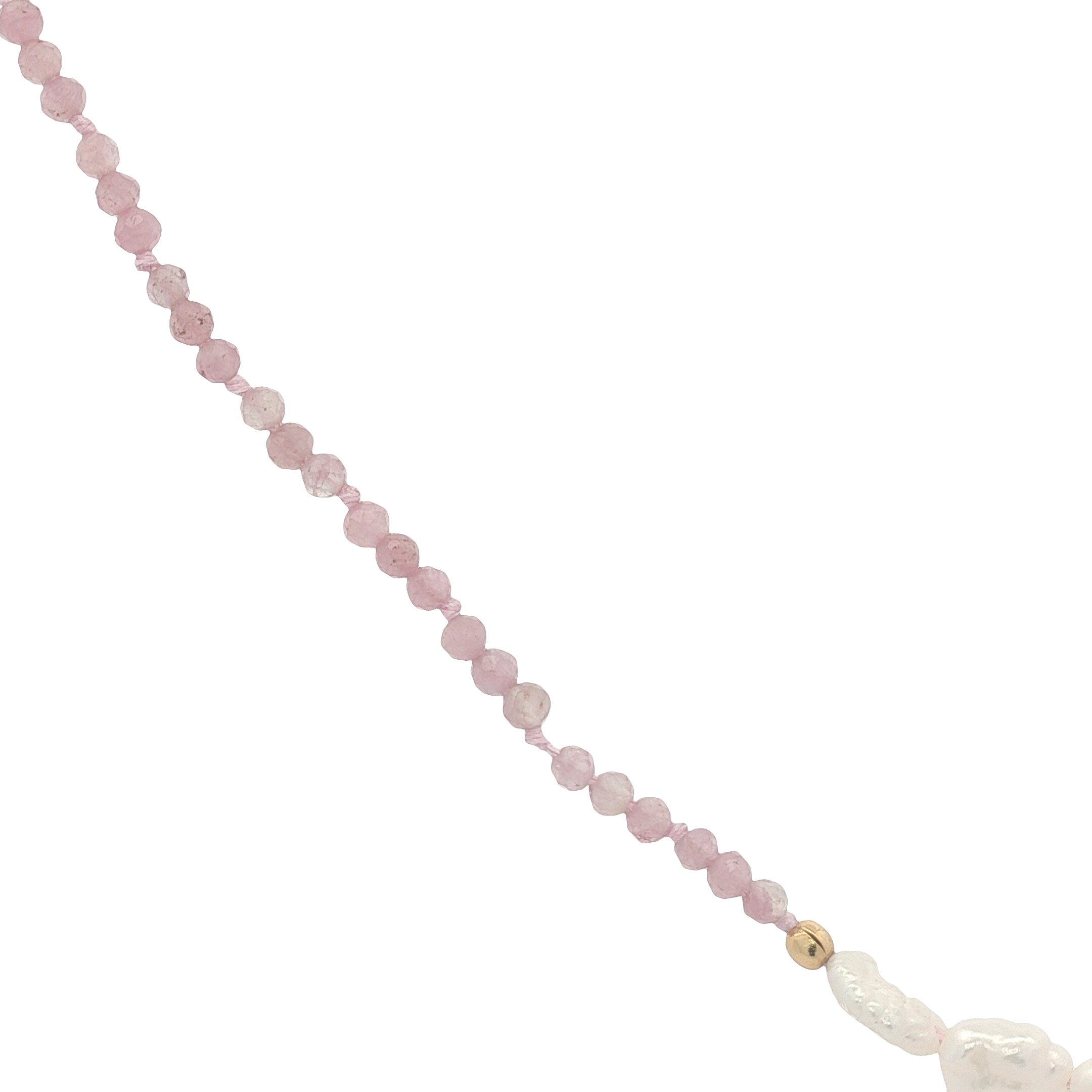 Collier doré en tourmaline rose, 5 perles de culture et perles dorées 42 cm