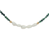 Collier doré en rubis zoisite, 5 perles de culture et perles dorées 42 cm