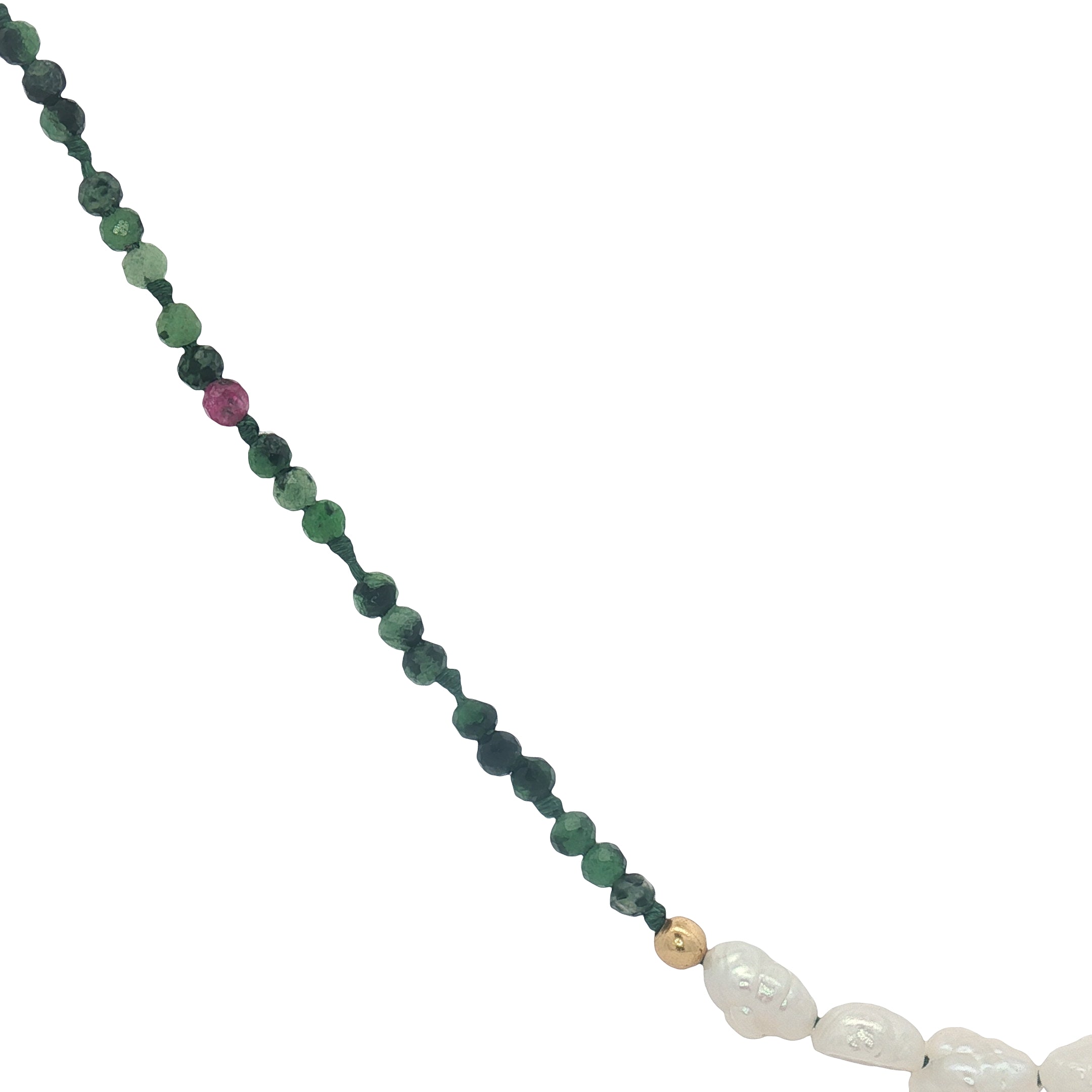 Collier doré en rubis zoisite, 5 perles de culture et perles dorées 42 cm