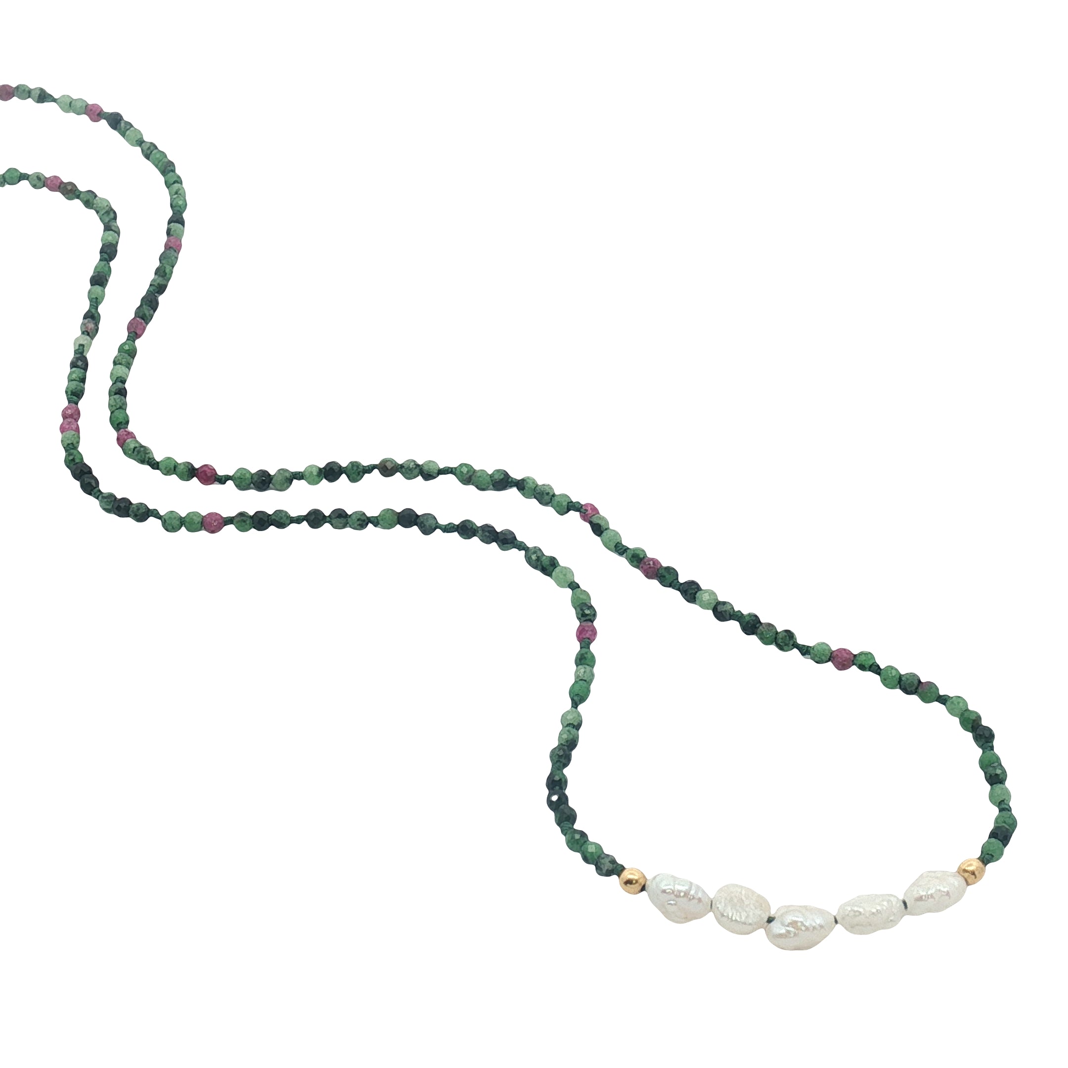 Collier doré en rubis zoisite, 5 perles de culture et perles dorées 42 cm
