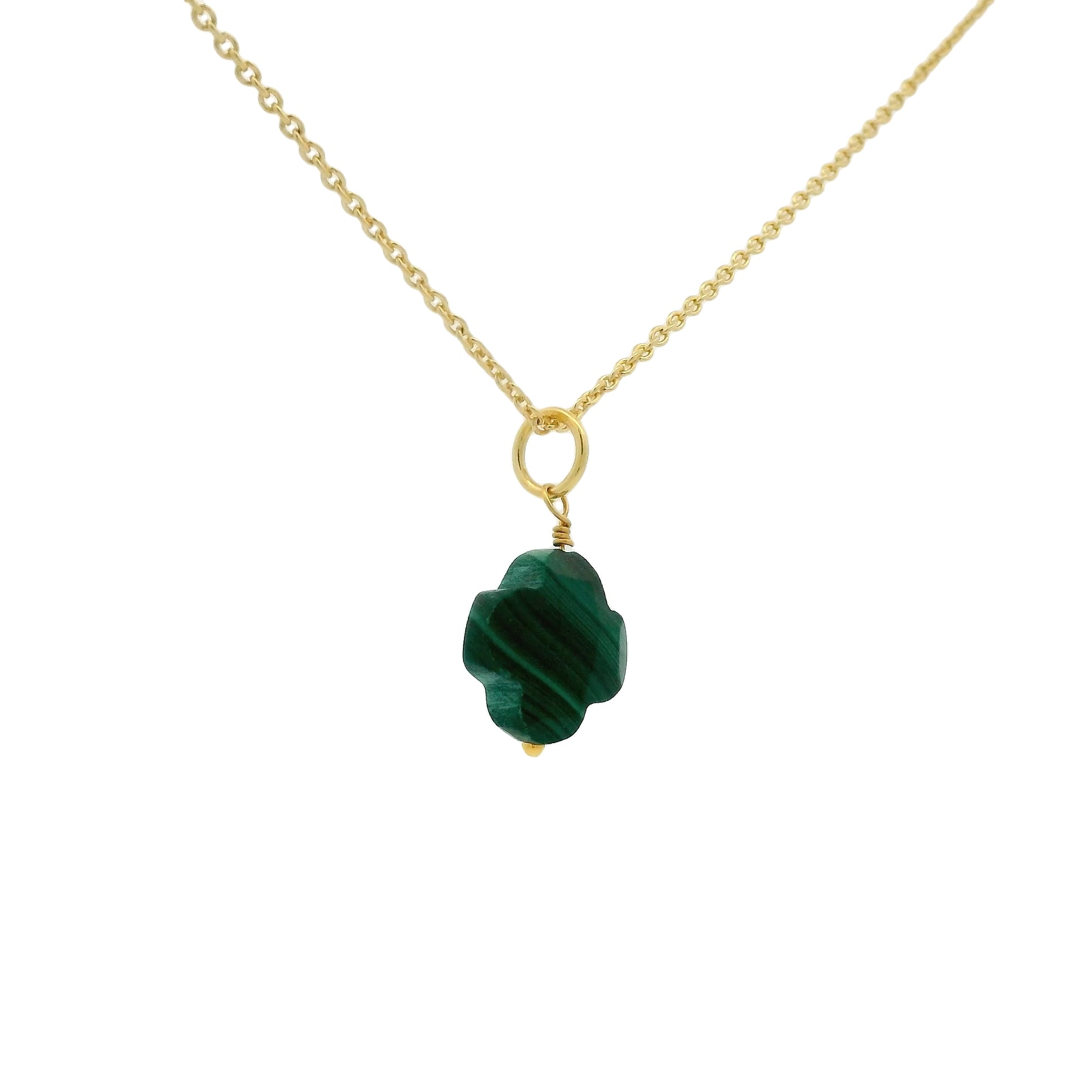 Collier doré grand trèfle malachite 42 cm