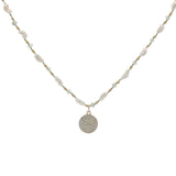 Collier doré médaille croix et zircons perles de culture, dorées et prehnite 60 cm