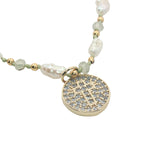 Collier doré médaille croix et zircons perles de culture, dorées et prehnite 60 cm