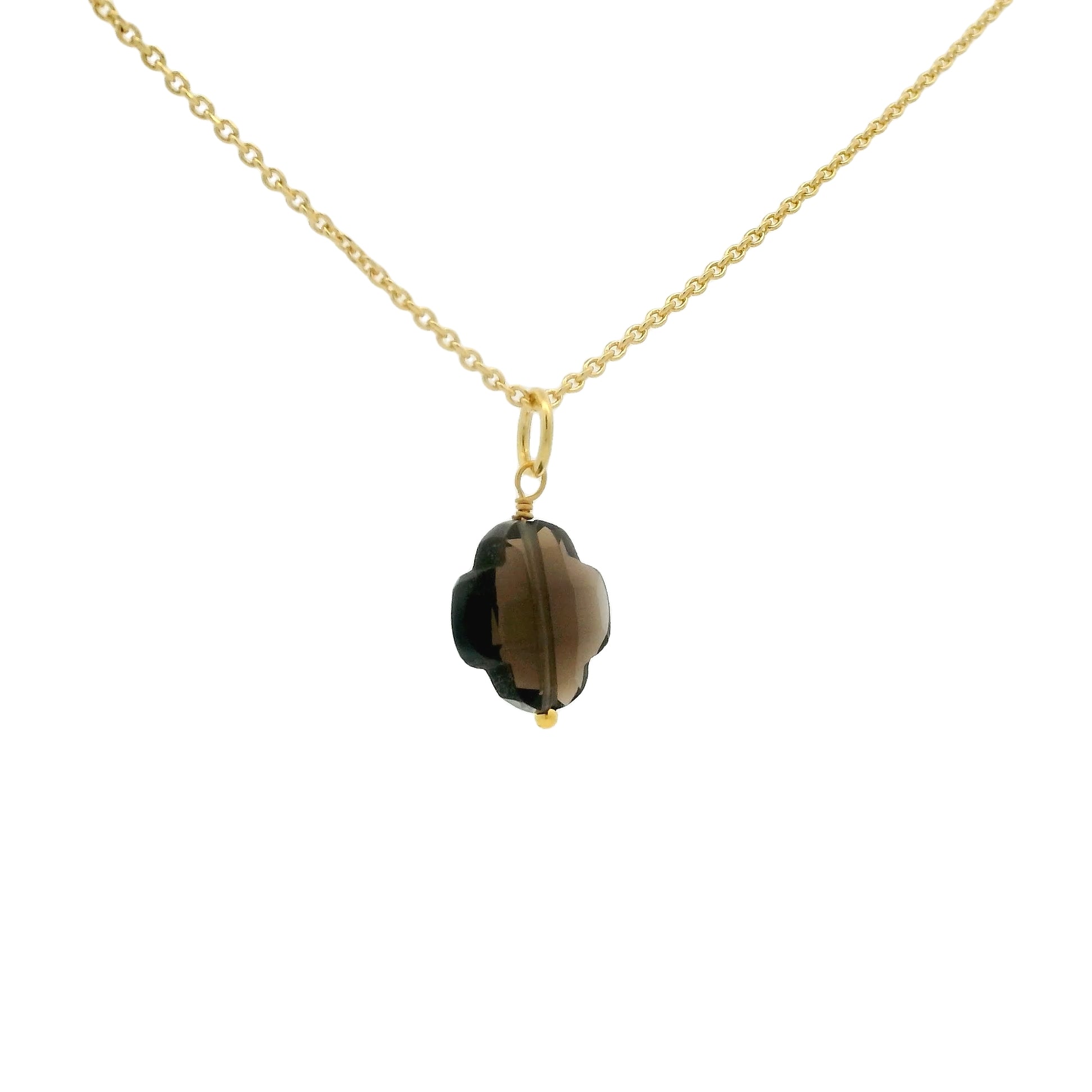 Collier doré grand trèfle en quartz fumé 42 cm