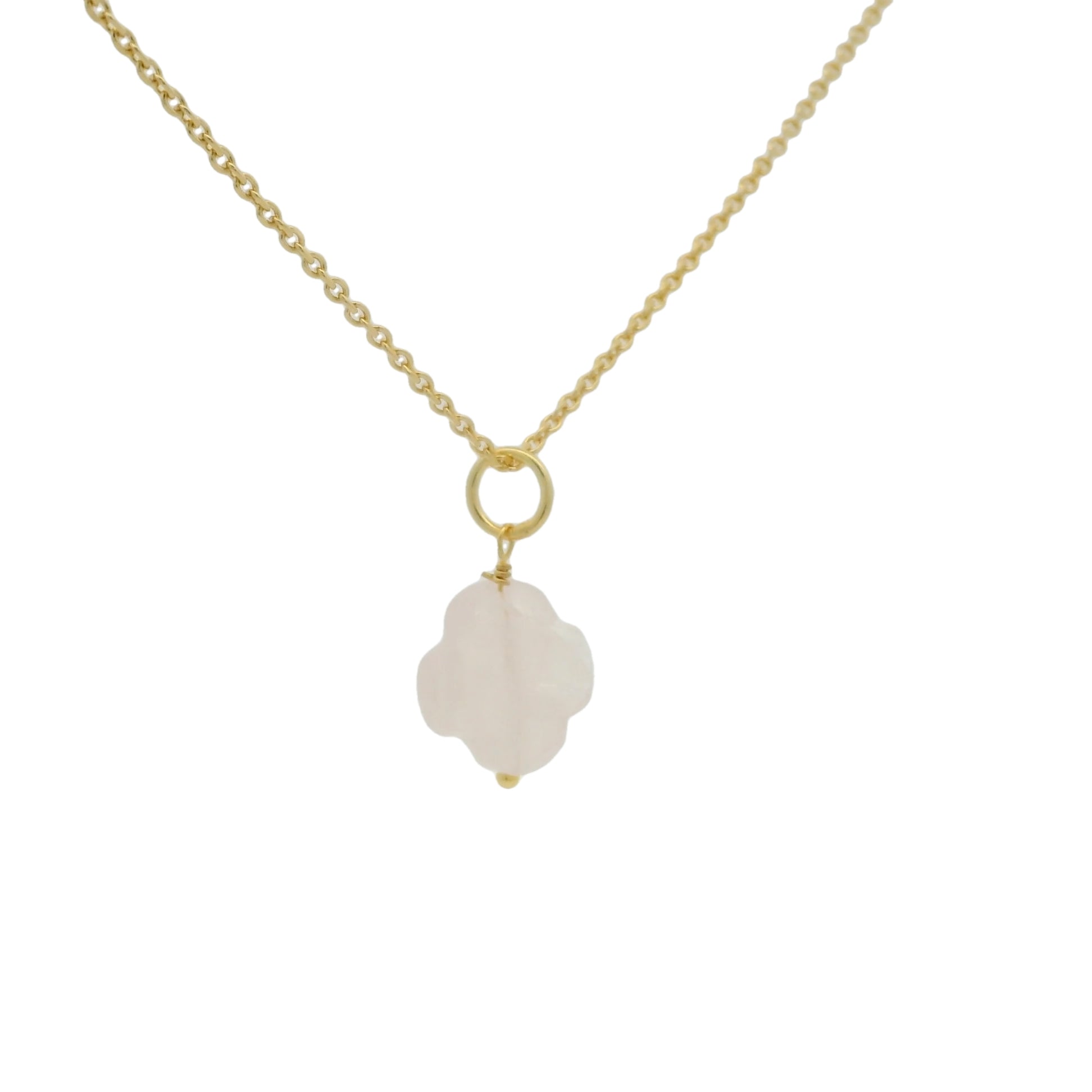 Collier doré grand trèfle quartz rose 42 cm