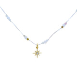 Collier doré fil blanc pierre de lune et tourmaline étoile des vents avec zircon 42 cm