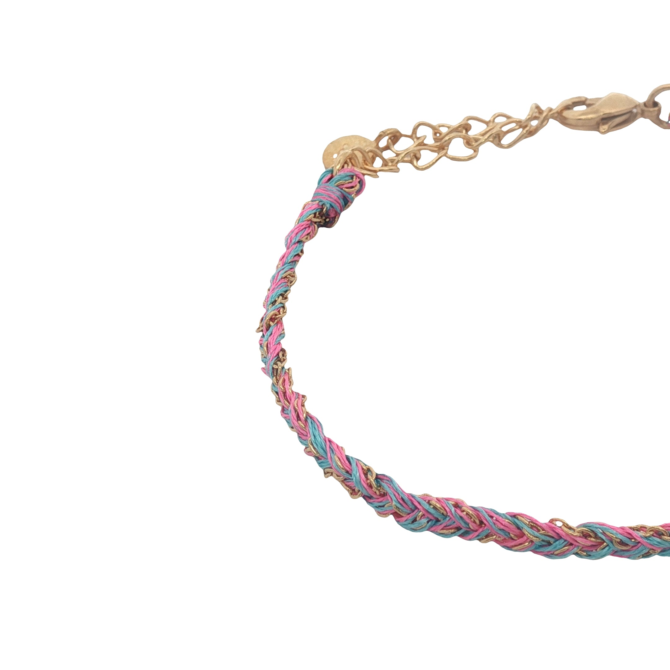 Bracelet doré brésilien cordon turquoise et rose chaine dorée PM