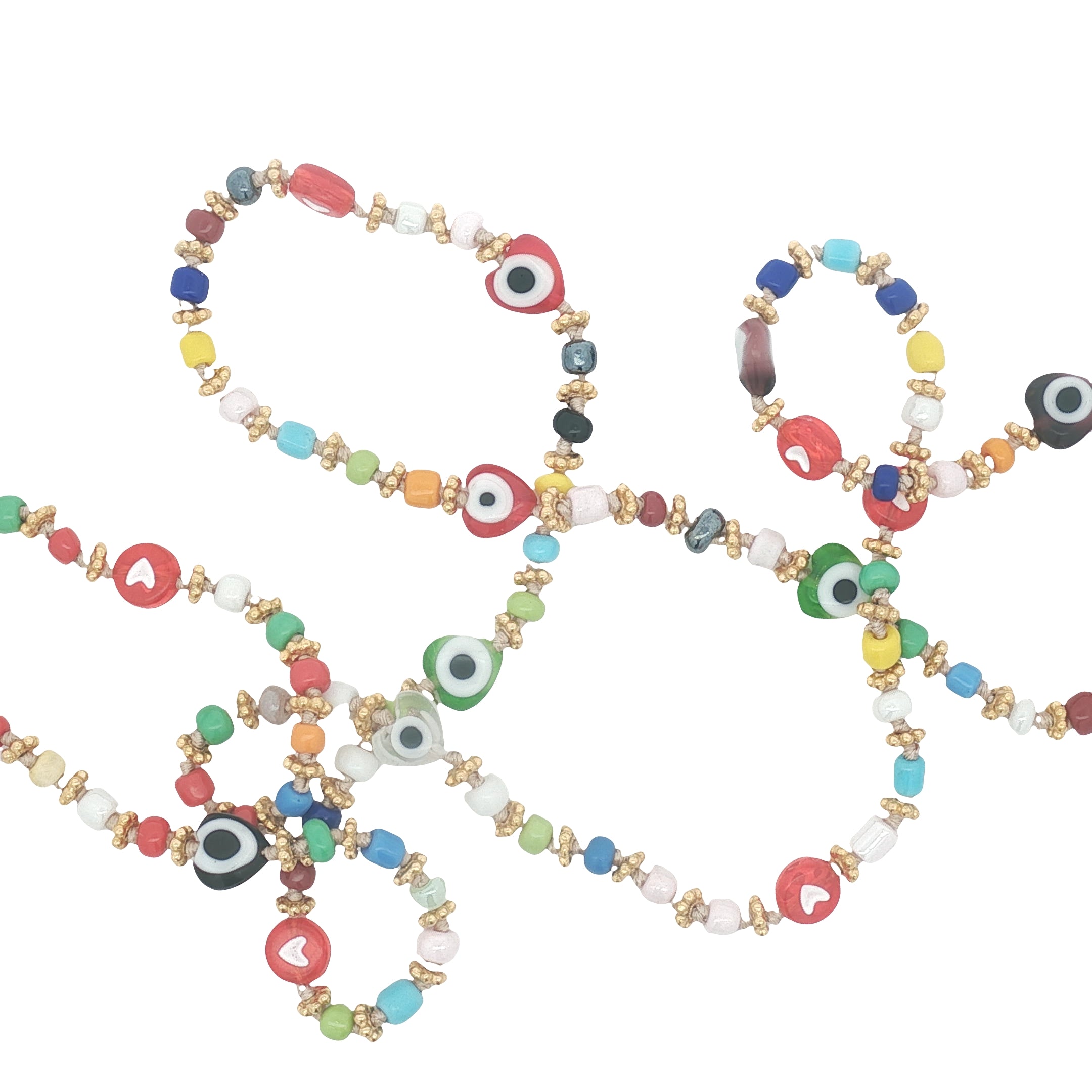 Collier doré perles colorées et perles coeurs avec oeil 75 cm