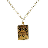 Collier doré magnifique plaque double oeil avec zircons 60 cm