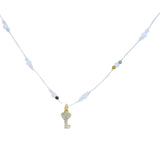 Collier doré fil blanc pierre de lune tourmaline clé coeur en zircons 42 cm