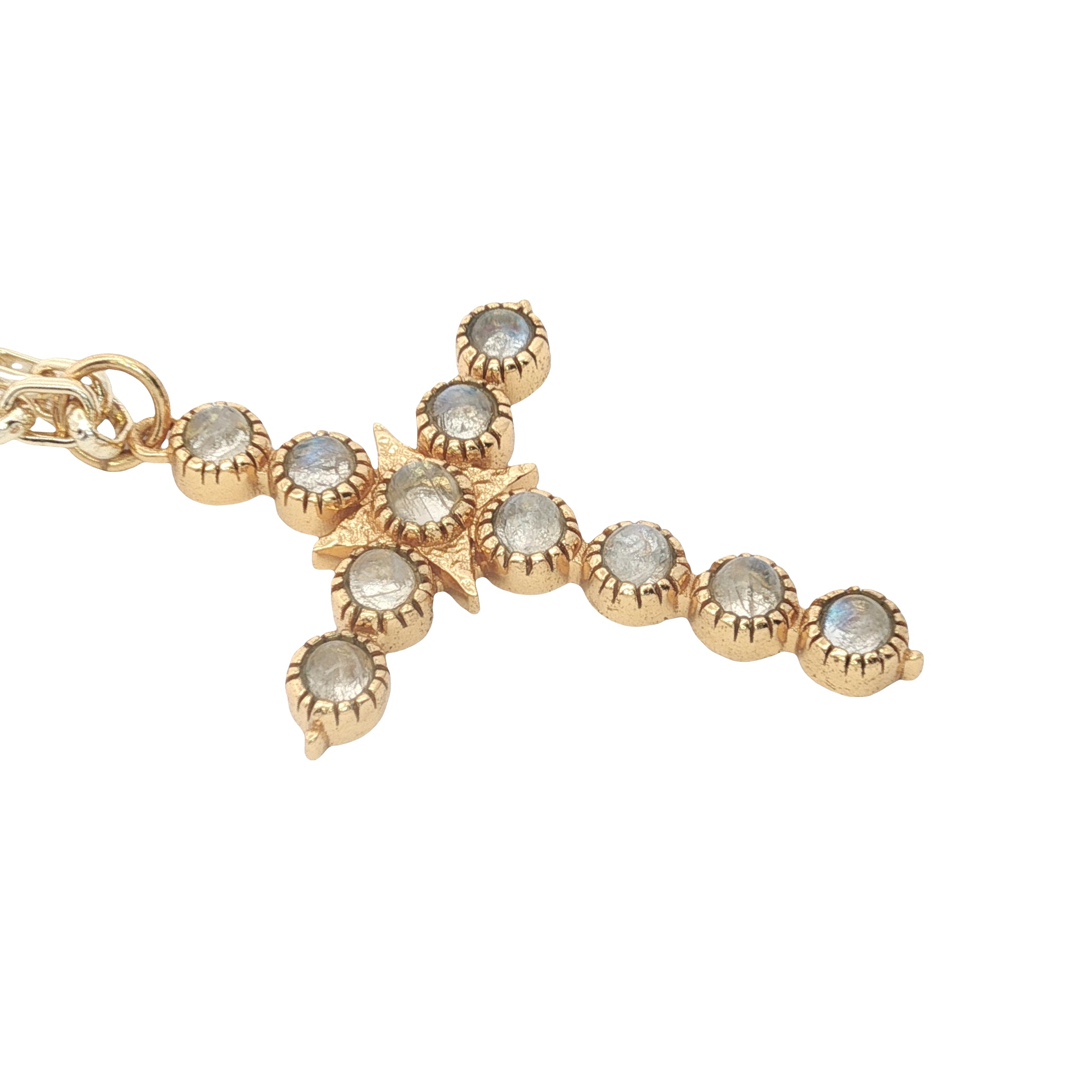 Collier doré croix baroque en pierre de lune 60 cm