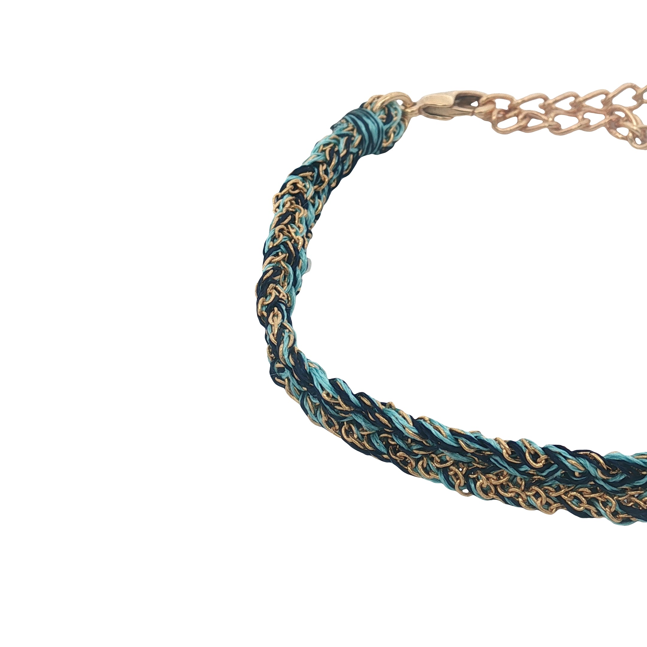 Bracelet brésilien doré cordon turquoise et bleu marine chaine dorée GM