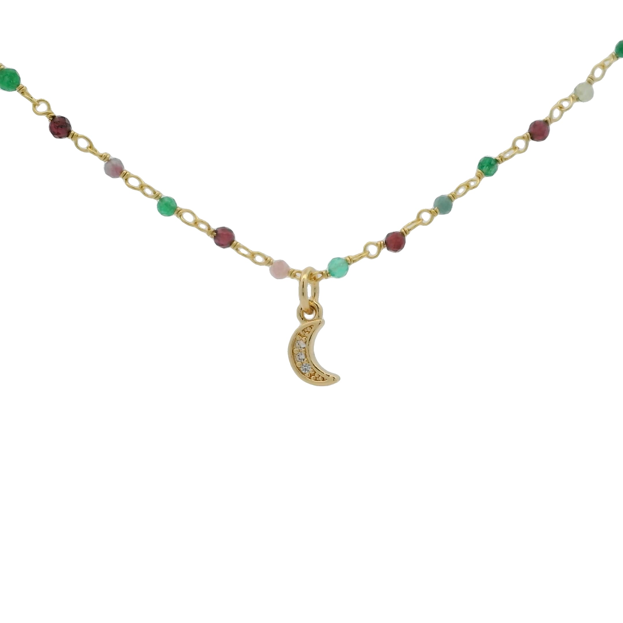 Collier doré rosary onyx verte tourmaline grenat et lune zircons blancs 42 cm