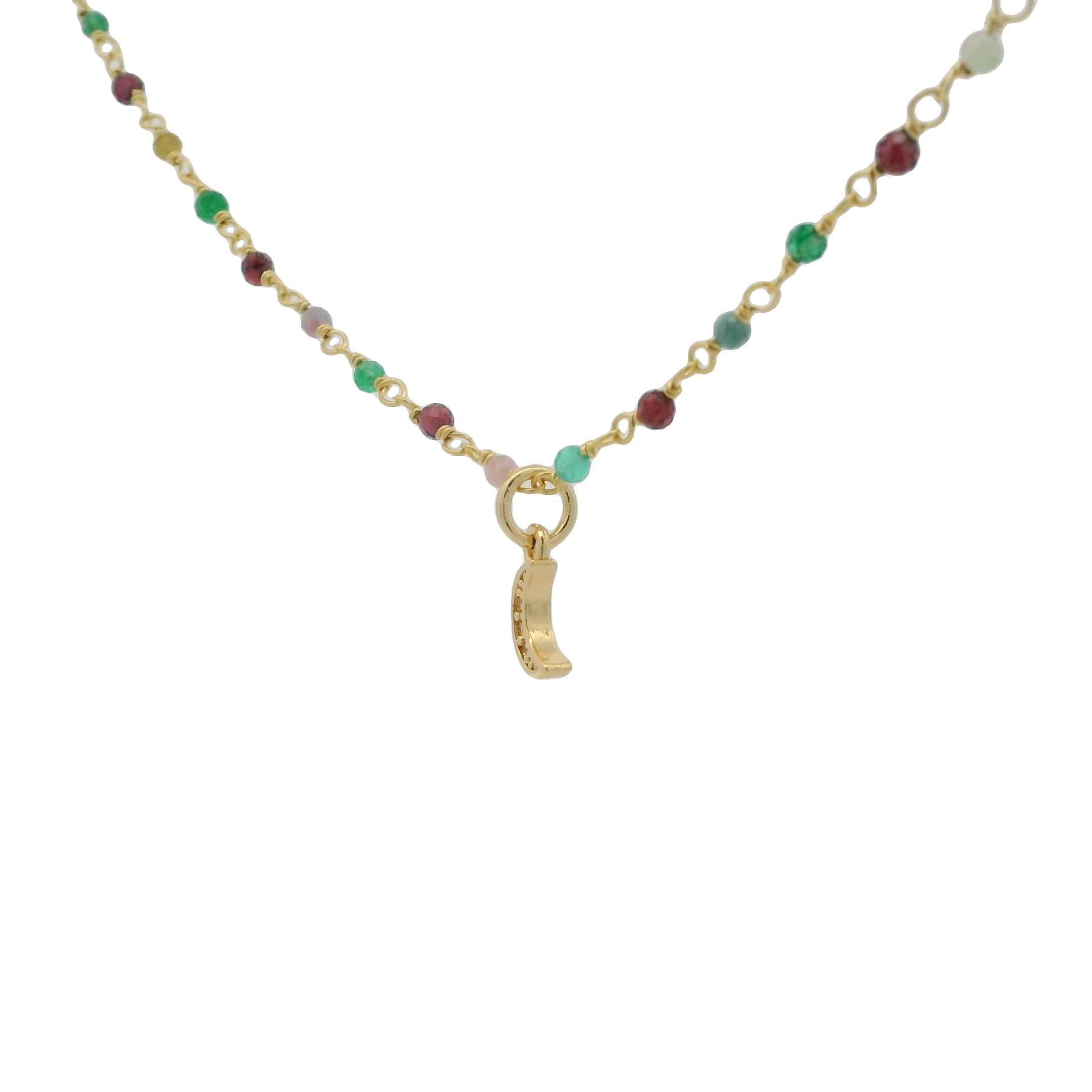 Collier doré rosary onyx verte tourmaline grenat et lune zircons blancs 42 cm