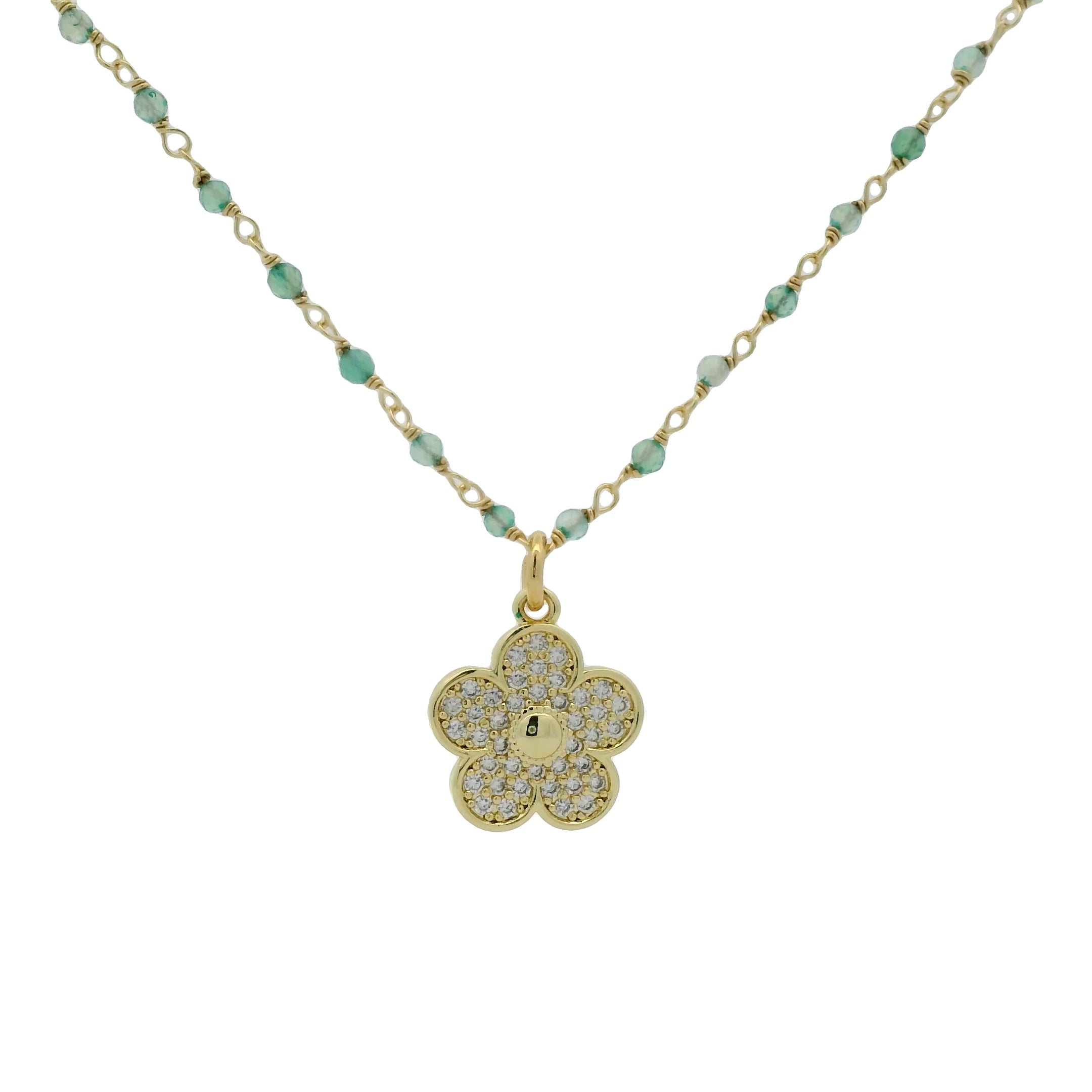 Collier doré rosary onyx verte et fleur zircons blancs 60 cm