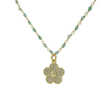 Collier doré rosary onyx verte et fleur zircons blancs 60 cm
