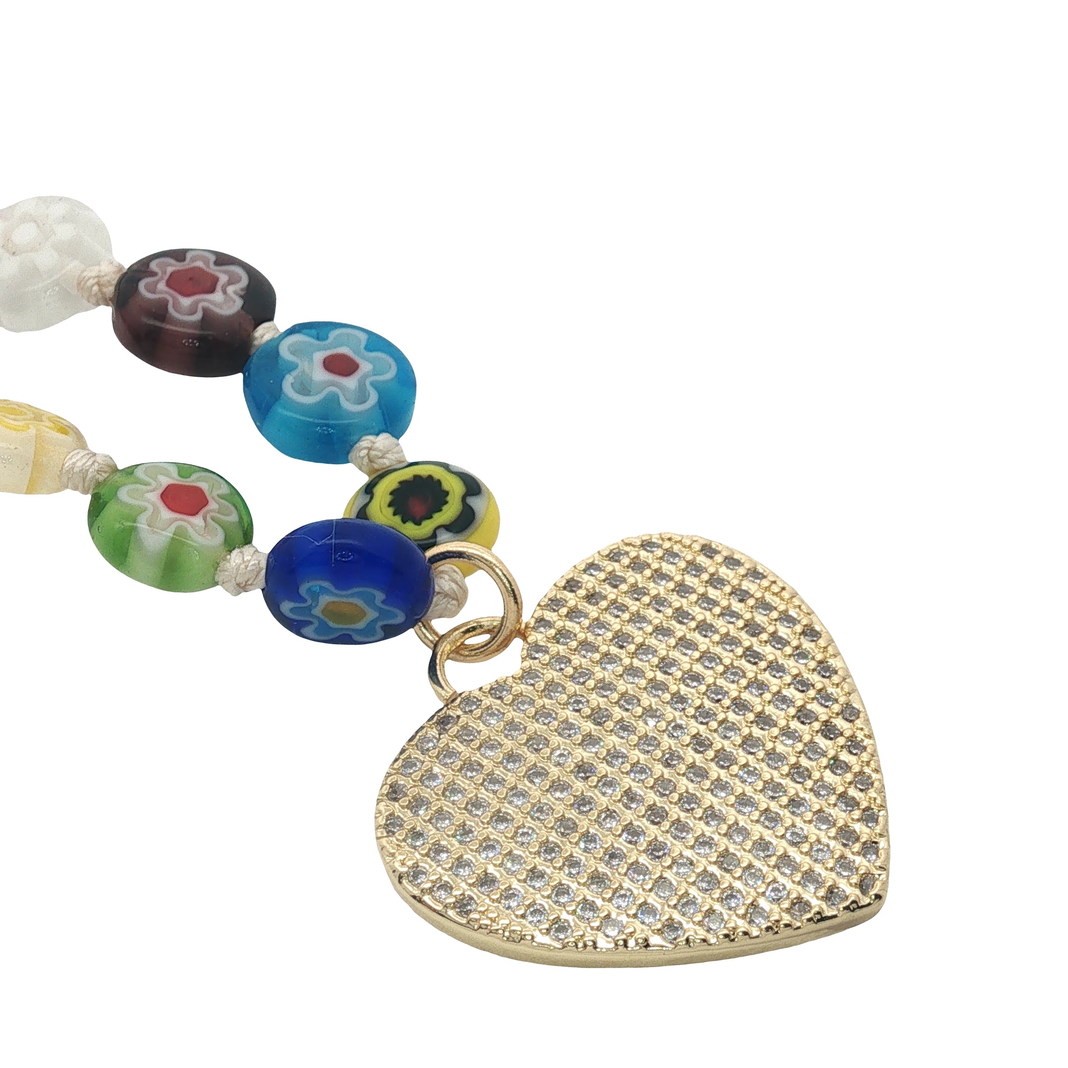 Collier doré perles multicolores avec fleurs coeur zircons 75 cm