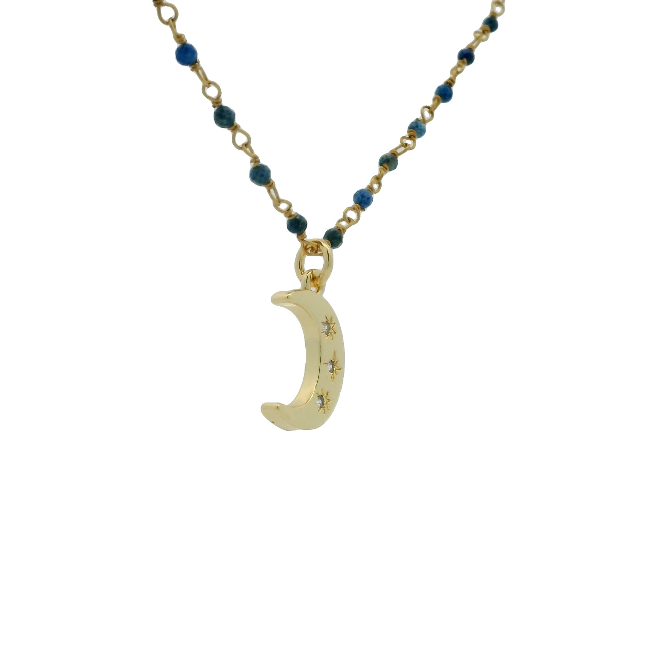 Collier rosary doré lapis lazulis et lune 70 cm