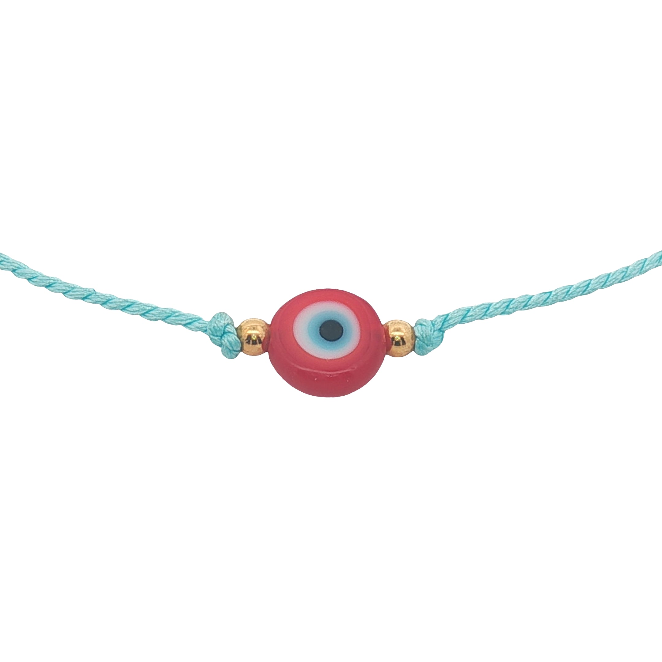 Bracelet doré cordon turquoise avec oeil rond rouge