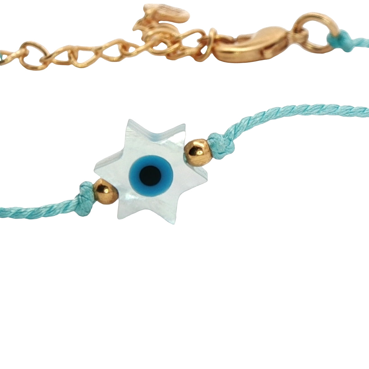 Bracelet doré cordon turquoise étoile de David avec oeil en nacre